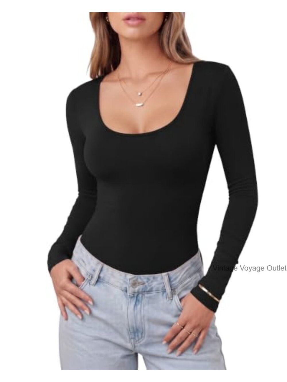 Scoop Neck Long Sleeve Slim Fit T Shirt Basic Tee